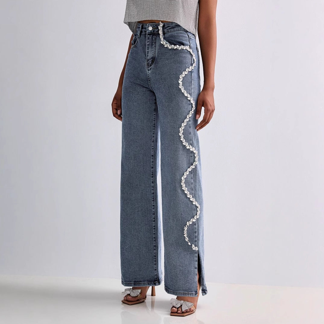 Women’s Straight Leg Jeans – Relaxed Fit – Rhinestone Side Detail – Hem Slit Denim