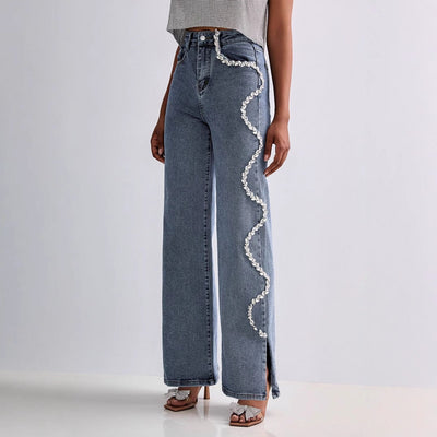 Women’s Straight Leg Jeans – Relaxed Fit – Rhinestone Side Detail – Hem Slit Denim