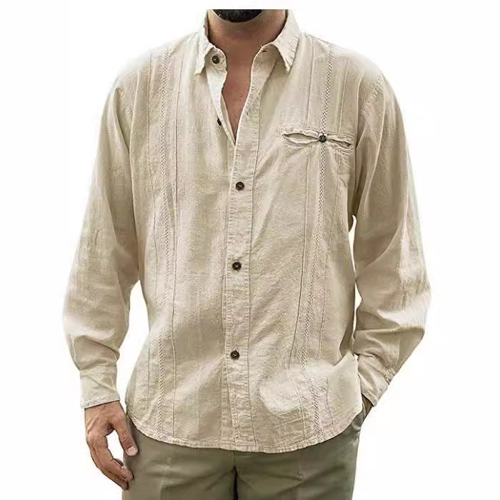 Men’s Linen Shirt – Relaxed Fit – Long Sleeve – Button-Up with Chest Pocket