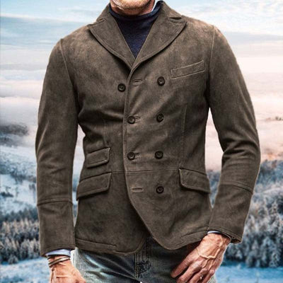 Men’s Double-Breasted Jacket – Suede Feel – Tailored Fit – Lapel Collar – Hip Length