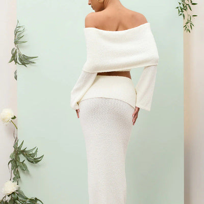 Women’s Two-Piece Set – Textured Knit – Off-Shoulder Top – High-Waisted Slim Skirt