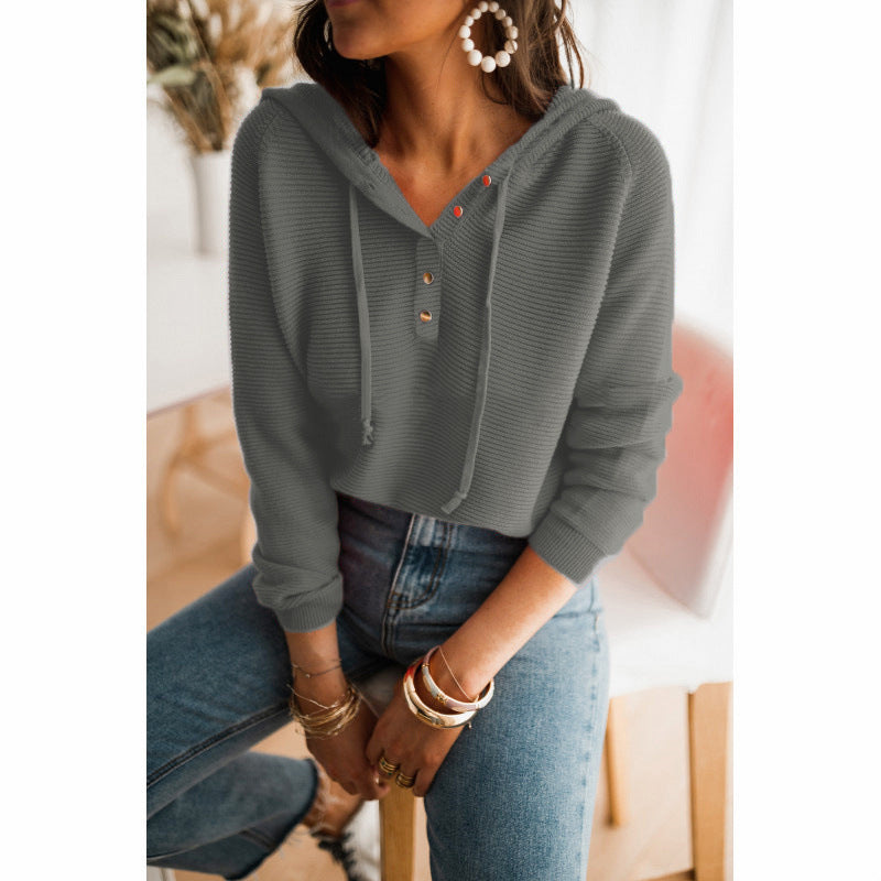 Women’s Cropped Hoodie – Relaxed Fit – Ribbed Knit – Drawstring Hood – Button Detail