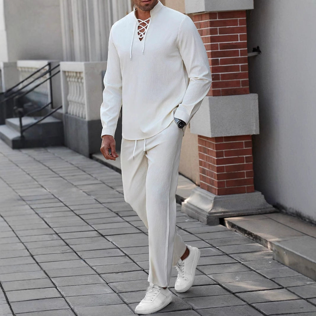 Men’s Henley Shirt – Cotton Linen Blend – Relaxed Fit – Lace-Up Chest – Band Collar