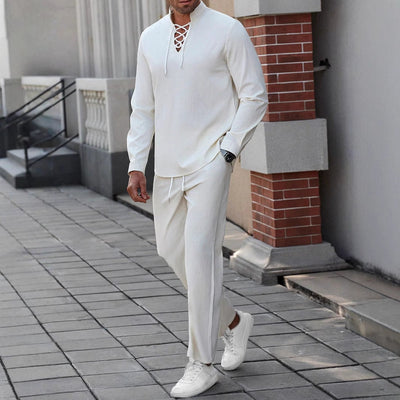 Men’s Henley Shirt – Cotton Linen Blend – Relaxed Fit – Lace-Up Chest – Band Collar