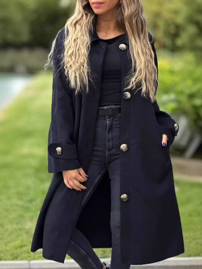 Women’s Long Coat – Wool Blend – Relaxed Fit – Button Front – Full Length