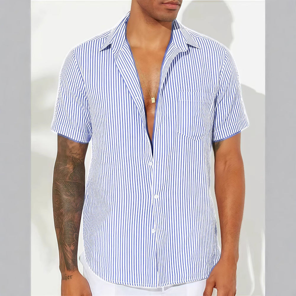 Men’s Short Sleeve Shirt – Cotton Blend – Relaxed Fit – Vertical Stripes – Chest Pocket