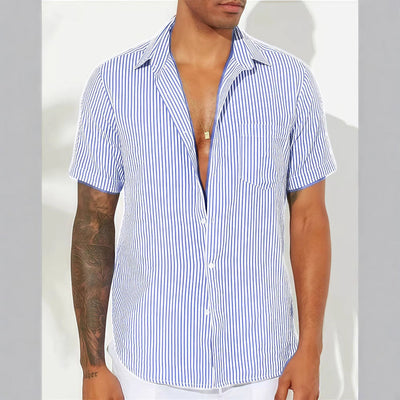 Men’s Short Sleeve Shirt – Cotton Blend – Relaxed Fit – Vertical Stripes – Chest Pocket