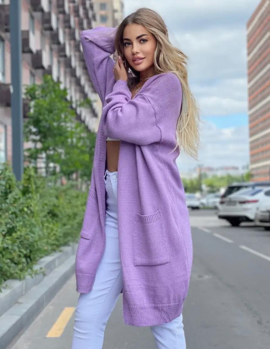 Women’s Knit Cardigan – Cotton Blend – Loose Fit – Longline Open Front with Pockets