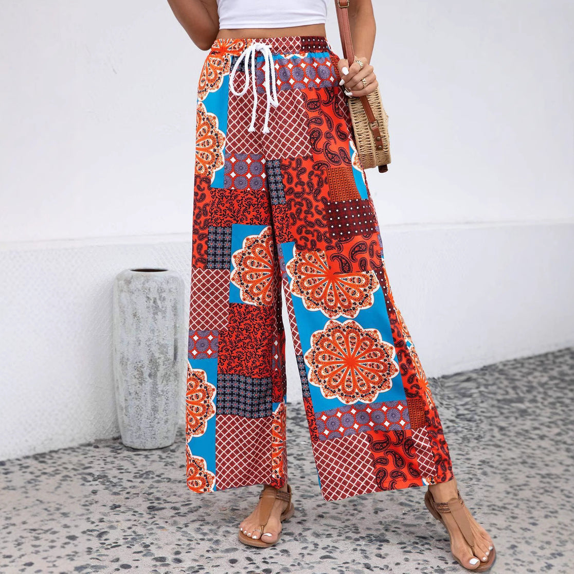 Women’s Lounge Pants – Bohemian Print – Relaxed Wide Leg – Cotton Blend – Full Length