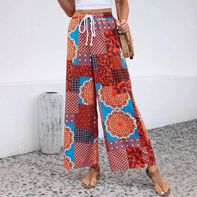 Women’s Lounge Pants – Bohemian Print – Relaxed Wide Leg – Cotton Blend – Full Length