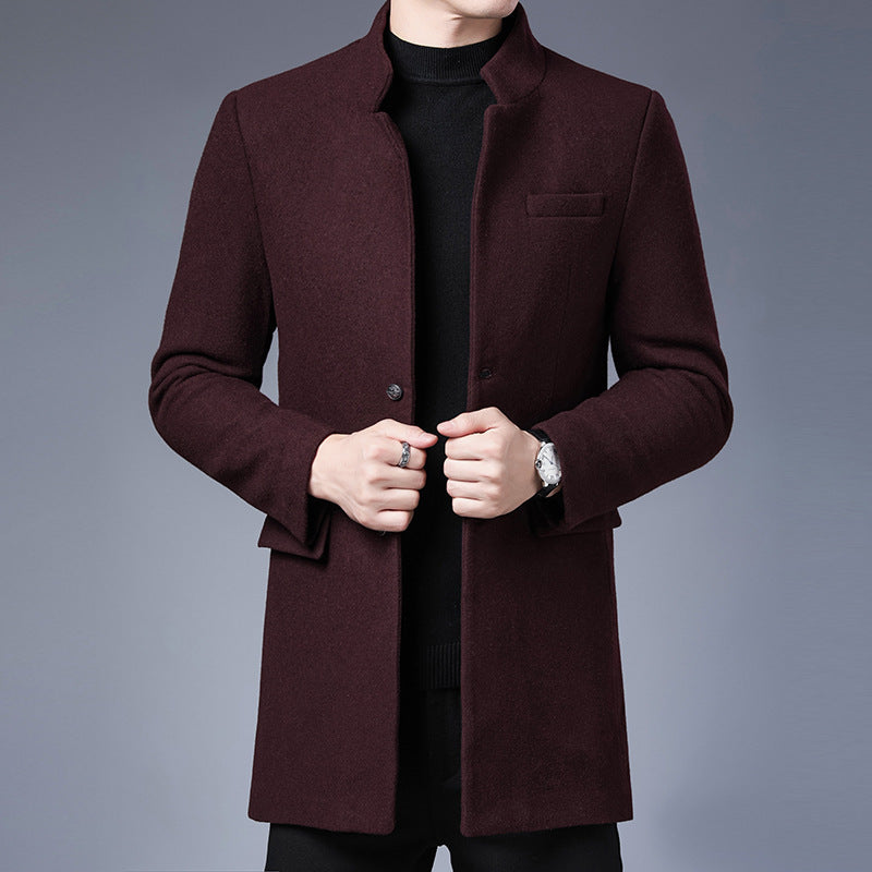Men’s Mid-Length Coat – Slim Fit – Wool Blend – Stand Collar – Button-Up Formal Style