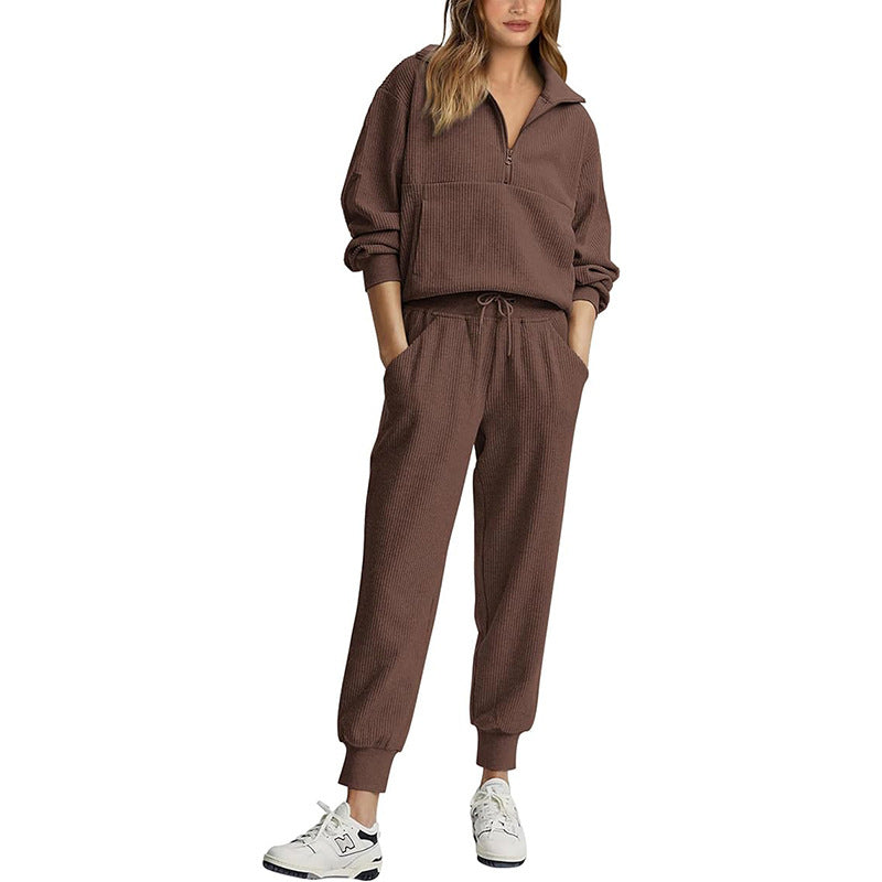 Women’s Tracksuit Set – Ribbed Fabric – Relaxed Fit – Half Zip Top – Drawstring Pants