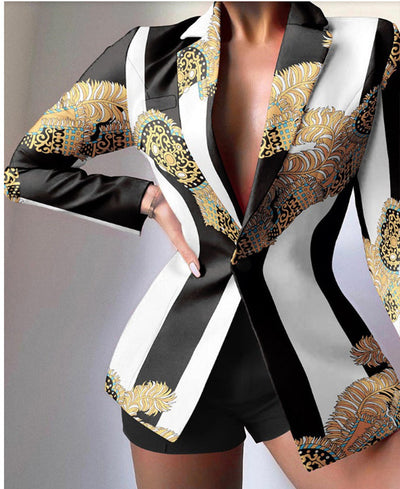 Women’s Two-Piece Set Blazer – Tailored Fit – Bold Leopard Print – Peaked Lapels – Structured Silhouette