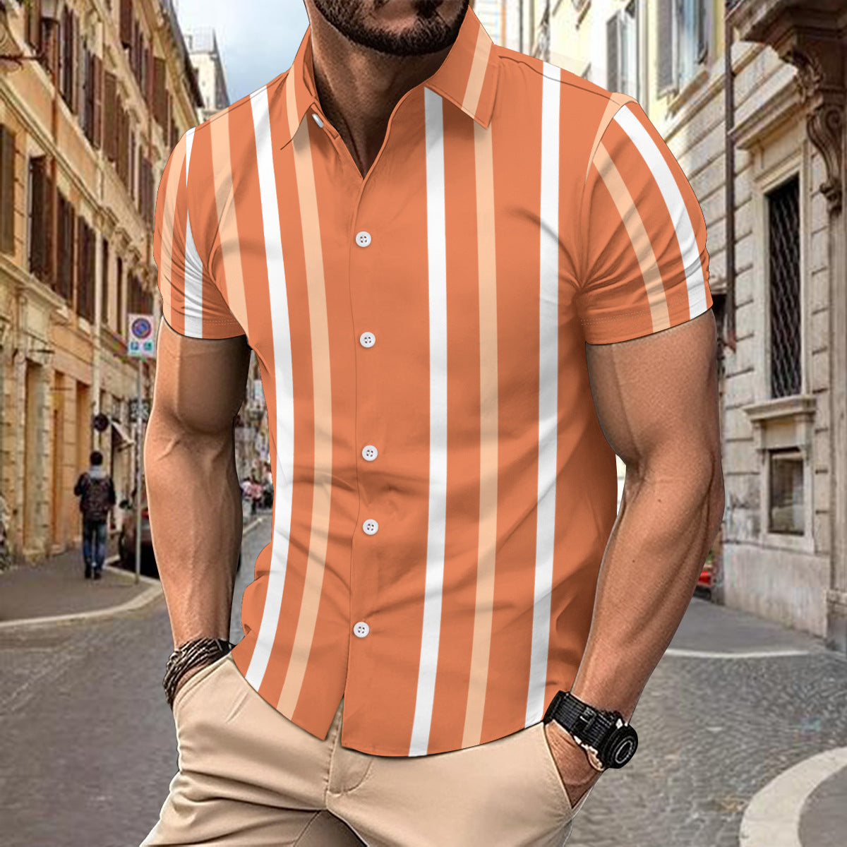 Men’s Button-Up Shirt – Slim Fit – Cotton – Vertical Stripe – Short Sleeve Casual