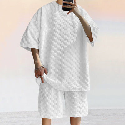 Men’s Two-Piece Set – Jacquard Knit – Loose Fit Shirt & Relaxed Straight Shorts