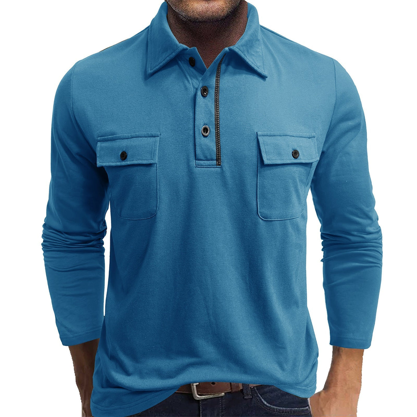 Men’s Long Sleeve Polo Shirt – Cotton Blend – Regular Fit – Button Chest Pockets