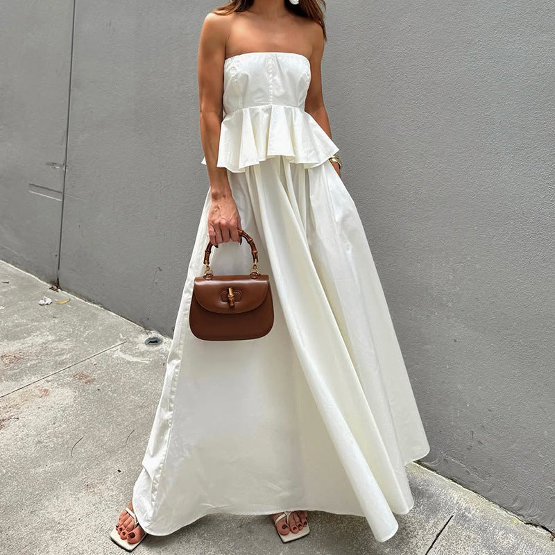 Women’s Maxi Dress – Strapless Fitted Bodice – Peplum Waist – Flowing A-Line Skirt