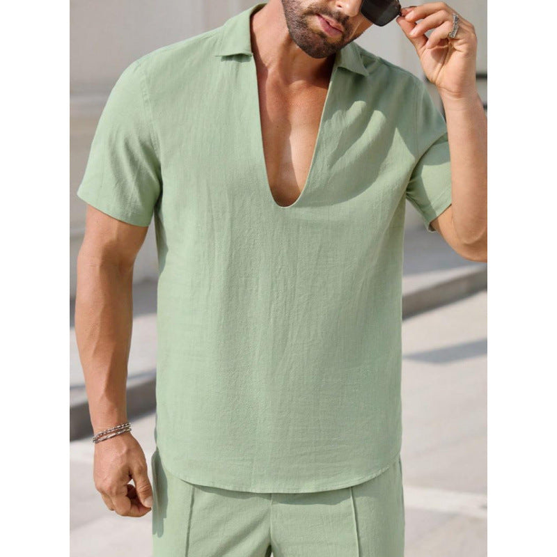 Men’s Two-Piece Set – Linen Blend – Relaxed Fit – Short Sleeve V-Neck Shirt & Pants