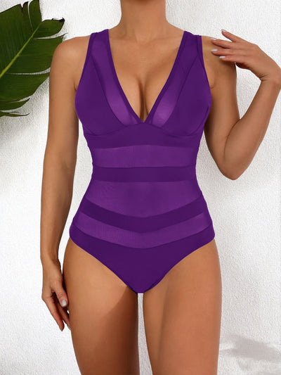 Women’s One-Piece Swimsuit – Deep V-Neck – Mesh Detail – Contour Fit – Sleek Finish