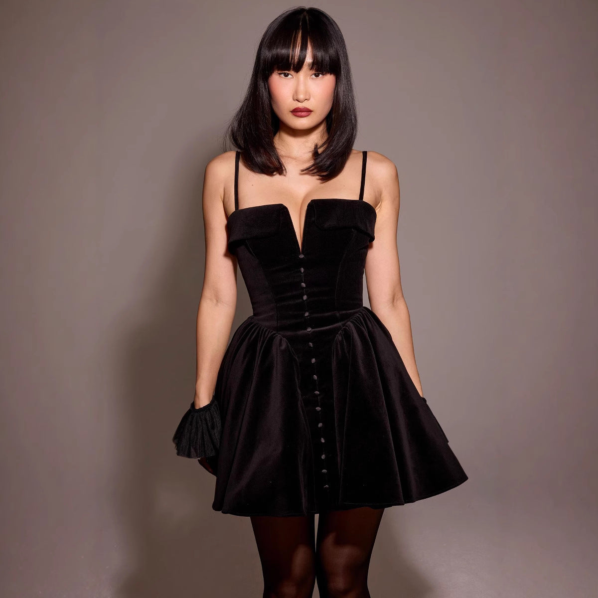 Women’s Mini Dress – Velvet A-Line – V-Neck – Thin Straps – Decorative Buttons