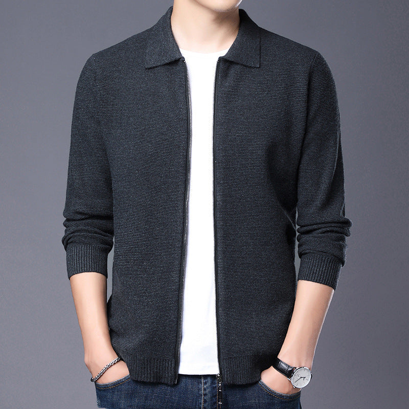 Men’s Cardigan – Slim Fit – Wool Fabric – Zip Front – Classic Collar – Ribbed Trim