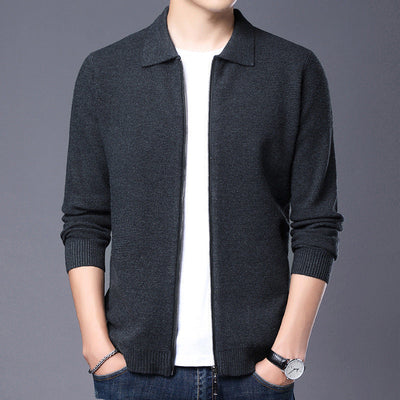 Men’s Cardigan – Slim Fit – Wool Fabric – Zip Front – Classic Collar – Ribbed Trim