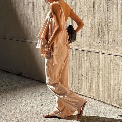 Women’s Two-Piece Set – Asymmetrical Ruffle Top – Wide-Leg Flowy Pants – Soft Fabric