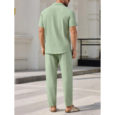 Men’s Two-Piece Set – Linen Blend – Relaxed Fit – Short Sleeve V-Neck Shirt & Pants