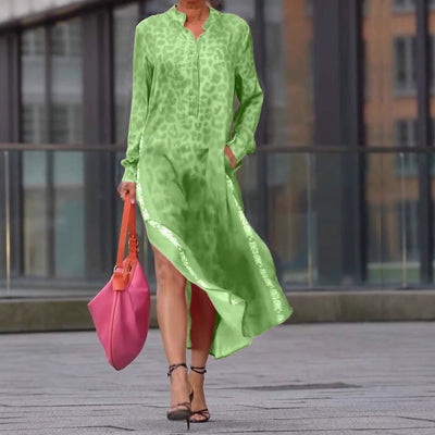 Women’s Midi Dress – Relaxed Fit – V-Neck – Long Sleeve – Animal Print – Pockets