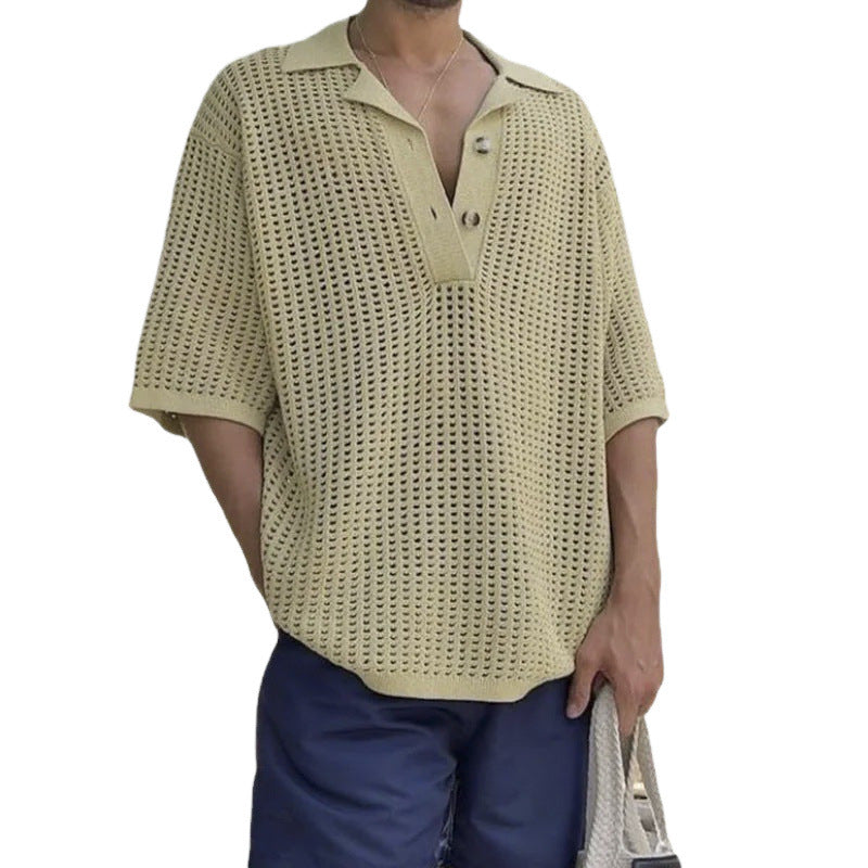 Men’s Knit Sweater – Open Knit – Oversized Fit – Notched Lapel – Short Sleeve Casual