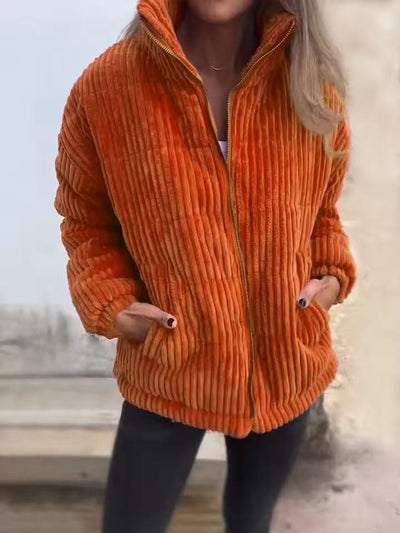 Women’s Corduroy Jacket – Relaxed Fit – Cropped Length – Zip Front – Stand Collar