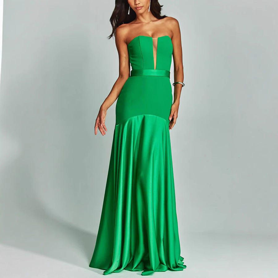Women’s Strapless Gown – Satin Fabric – Slim Fit – Plunging Neckline – Floor Length