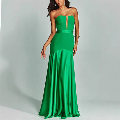 Women’s Strapless Gown – Satin Fabric – Slim Fit – Plunging Neckline – Floor Length