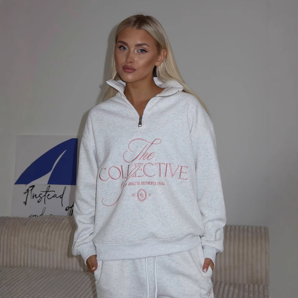 Women’s Sweatshirt – Oversized Fit – Fleece-Lined – Stand Collar Zip – Embroidered Graphic