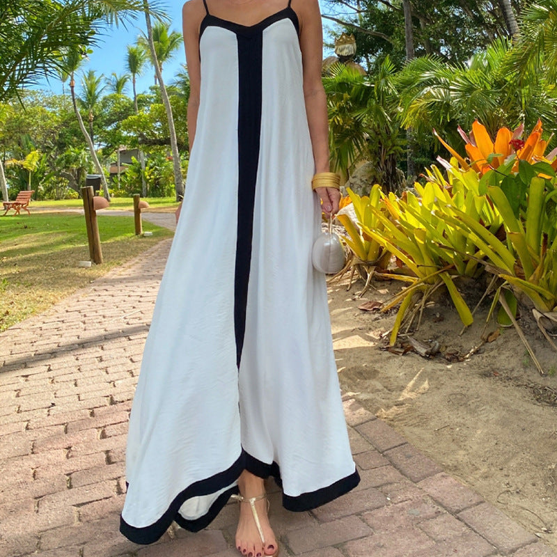 Women’s Maxi Dress – Loose Fit – V-Neck – Thin Straps – Contrast Detail – Flowy Hem