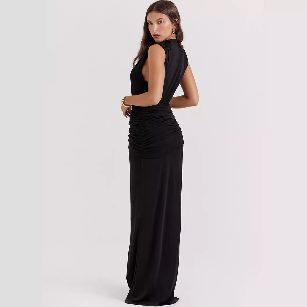 Women’s Evening Dress – Bodycon Fit – Deep V-Neck – High Slit – Ruched Waist – Sleeveless