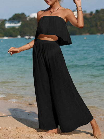 Women’s Two-Piece Set – Strapless Crop Top – High-Waist Wide-Leg Pants – Lightweight