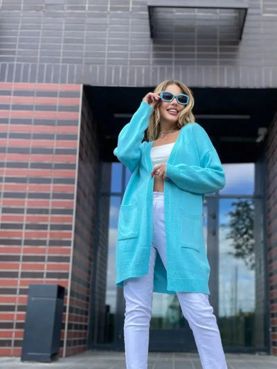 Women’s Knit Cardigan – Cotton Blend – Loose Fit – Longline Open Front with Pockets