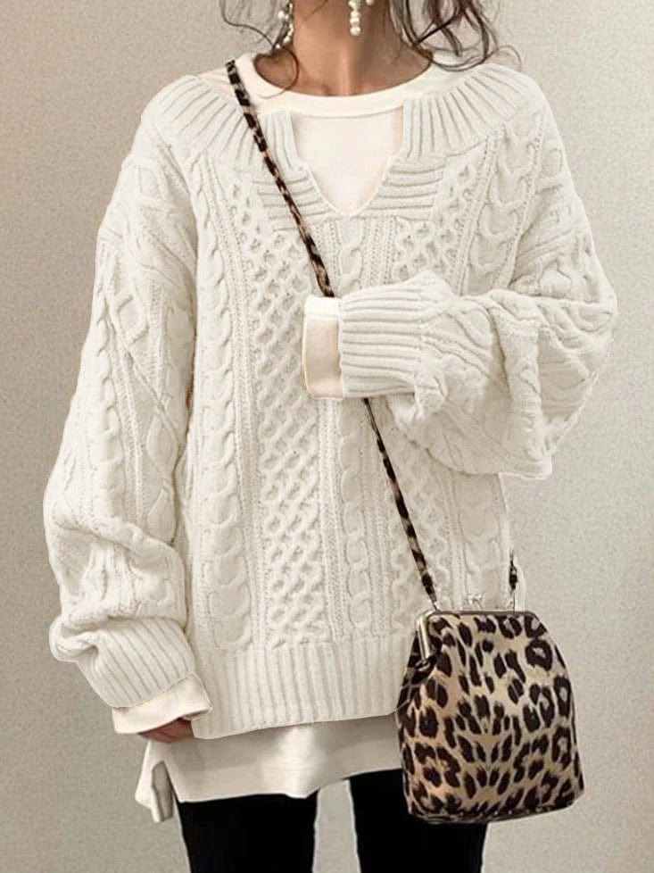 Women’s Knitted Sweatshirt – Wool Blend – Oversized Fit – Cable Knit – Deep V-Neck – Long Sleeve