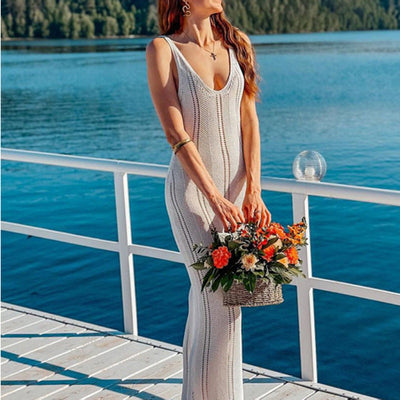 Women’s Knit Dress – Bodycon Fit – Scoop Neck – Sleeveless Open Back – Ankle Length