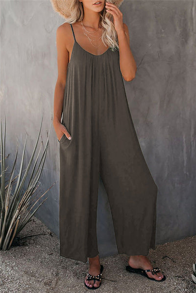 Women’s Jumpsuit – Relaxed Fit – Cotton Blend – Spaghetti Straps – Full Length – Pockets