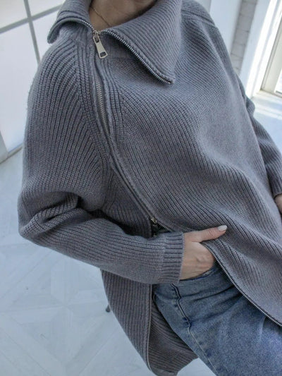 Women’s Pullover Sweater – Oversized Fit – Ribbed Knit – Asymmetrical Zipper – Large Collar