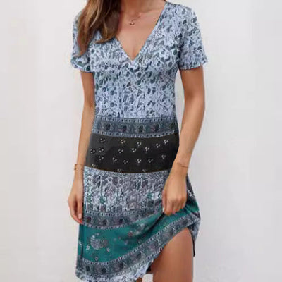 Women’s Mini Dress – Relaxed Fit – Deep V-Neck – Short Sleeve Boho Patchwork Cotton