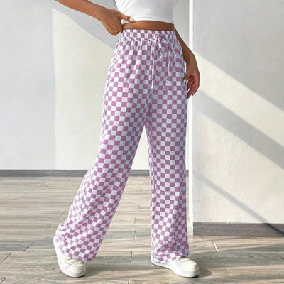 Women’s Trousers – Wide Leg – Relaxed Fit – Checkered Print – Elastic Waist Drawstring