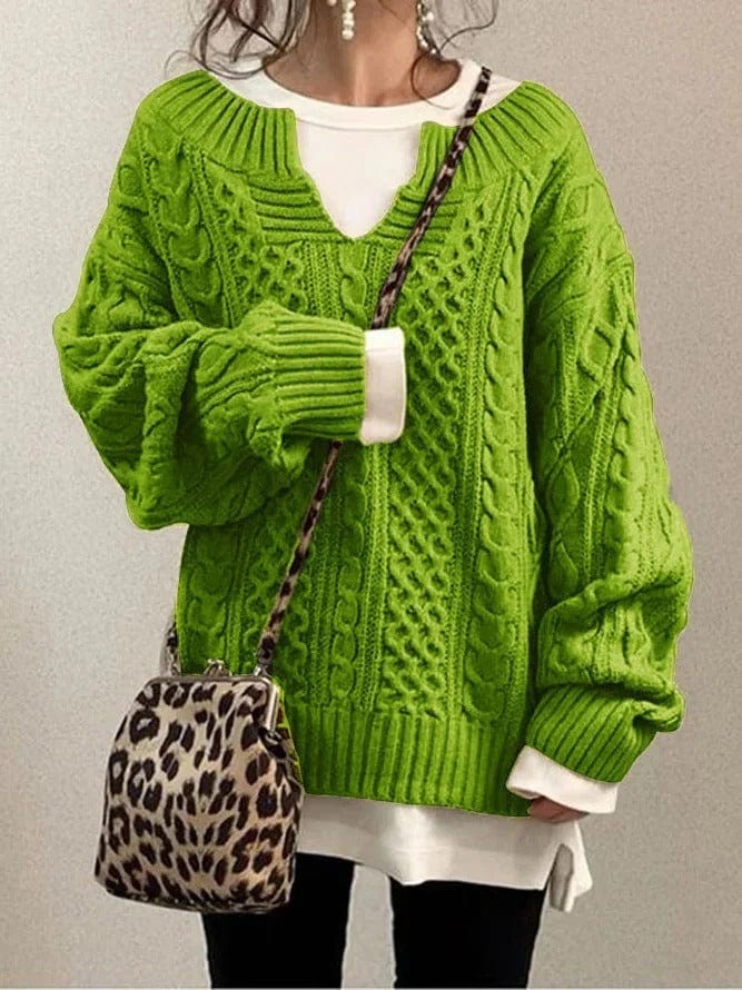 Women’s Knitted Sweatshirt – Wool Blend – Oversized Fit – Cable Knit – Deep V-Neck – Long Sleeve