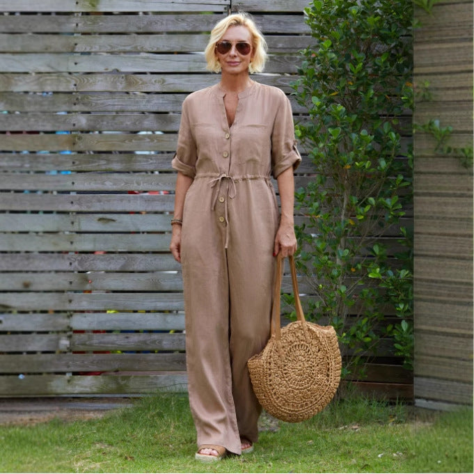 Women’s Jumpsuit – Relaxed Fit – Breathable Cotton Blend – V-Neck – Adjustable Waist