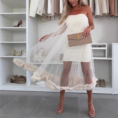 Women’s Strapless Midi Dress – Tulle Overlay – A-Line Fit – Ruffle Hem – Formal Wear