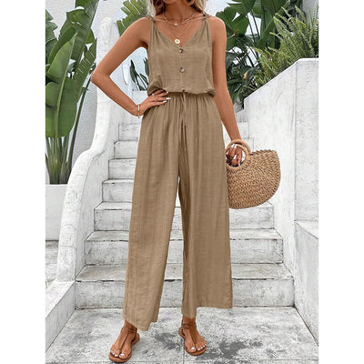 Women’s Jumpsuit – Cotton Blend – Sleeveless Wide Leg – Button Front Relaxed Fit