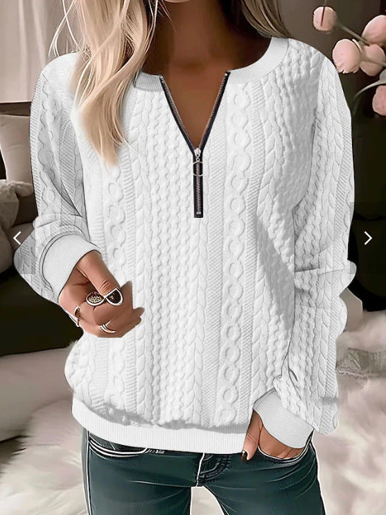 Women’s Knitted Sweater – Wool Blend – Cable Knit – Relaxed Fit – Zip Neckline