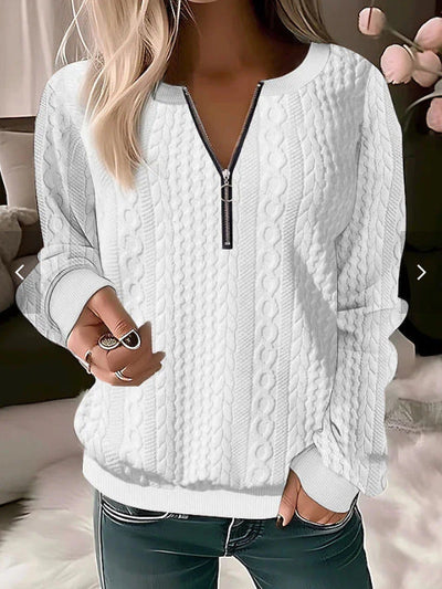 Women’s Knitted Sweater – Wool Blend – Cable Knit – Relaxed Fit – Zip Neckline